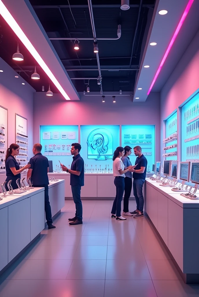 Hearing aids store (photorealism:1.2), with rgb ceiling lights