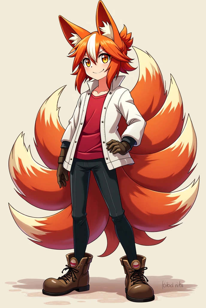 Create an anime-style Kitsune character with half-white, half-red hair, with a ponytail, com fraja, yellow  eyes, eyes large, humanoid, with ears and nine tails, o nome dele é Kito Kaiiatsubaky, White blouse with red shirt, black pants and men&#39;s boots, Personalidade: always cheerful and lively and willing to protect his friends and companions.