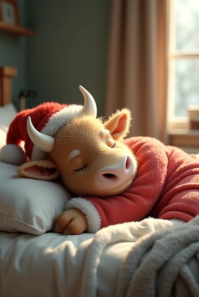 Ox sleeping on the bed in pajamas, with a Santa hat