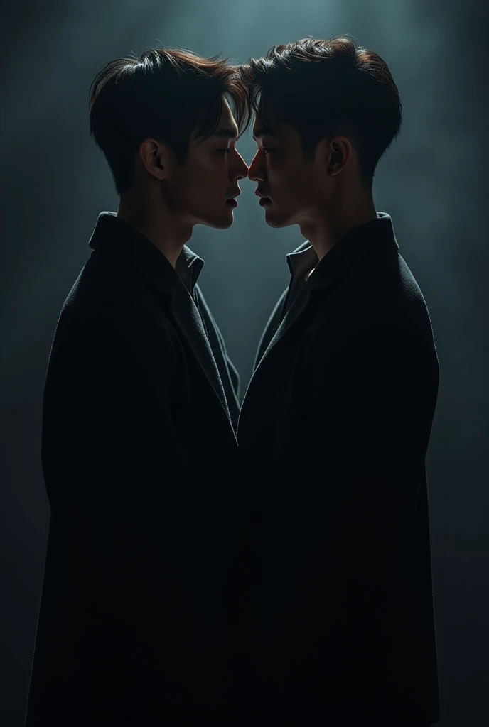 Two Korean male romantic looking at each other in the dark silhouette