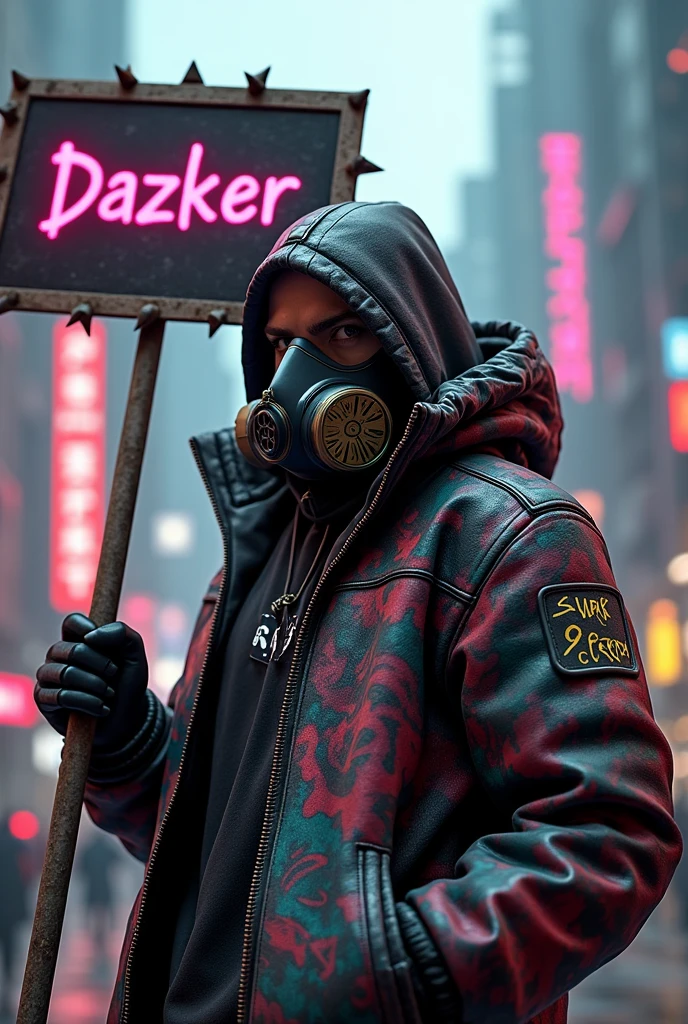 Gamer avatar wallpaper holding a spiked sign with the word DAZKER and wearing graffiti jacket with a toxic gas mask in 3D style