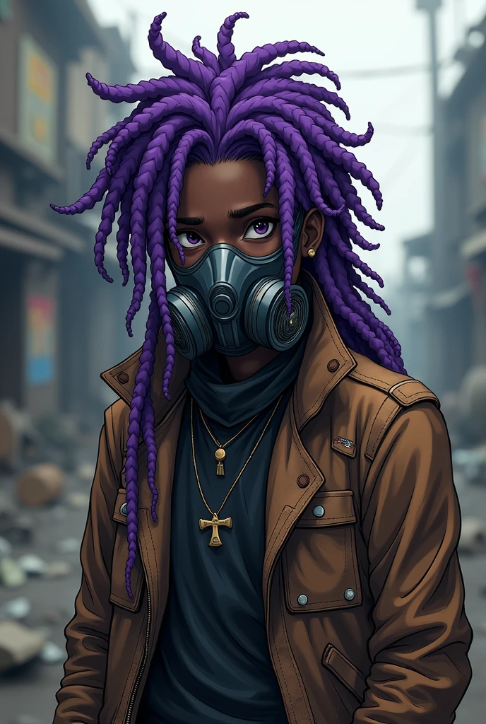 ((best quality)), ((masterpiece)), (detailed), 1boy, dark black skin, purple hair, dreadlocks, gas mask, brown coat, anime aesthetic