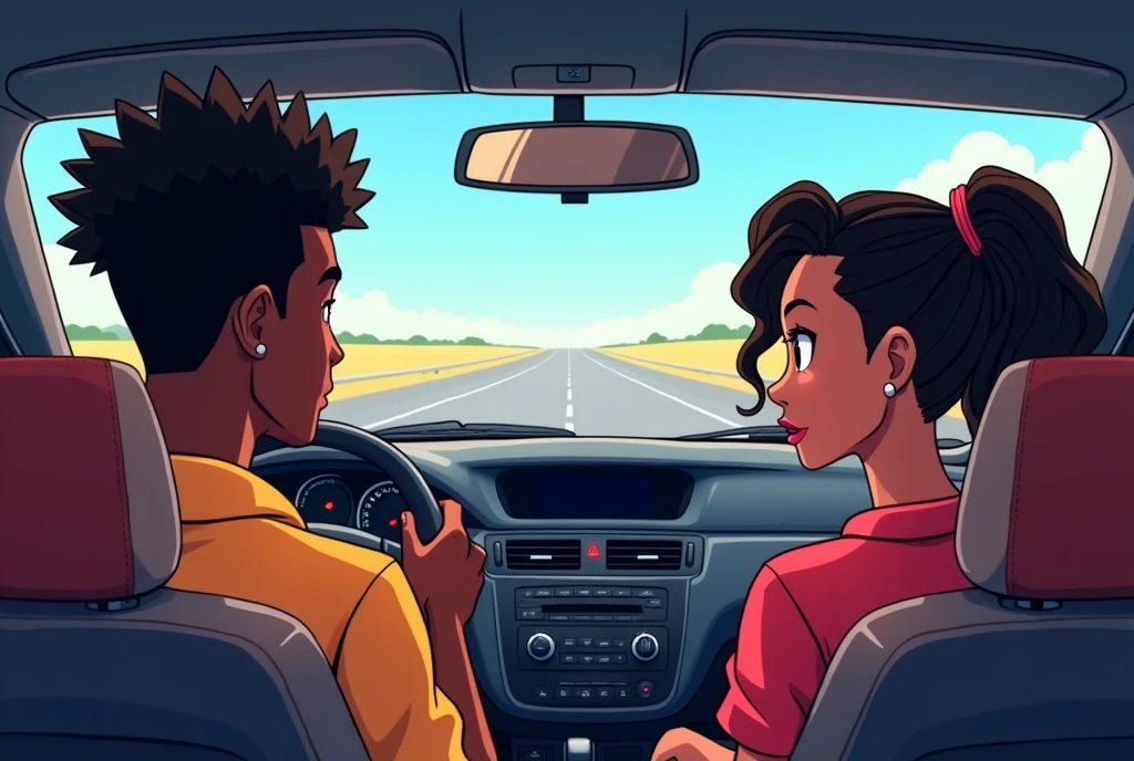 inside of a car with a road on the windshield, with a black male driver with afro american braided hair and a black female passenger next to him in anime style