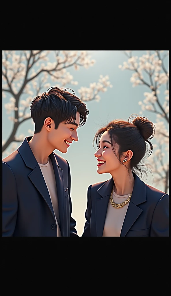 3D photo of a couple wearing a blazer called EBS for guys,girl name STRD wearing white t-shirt smiling