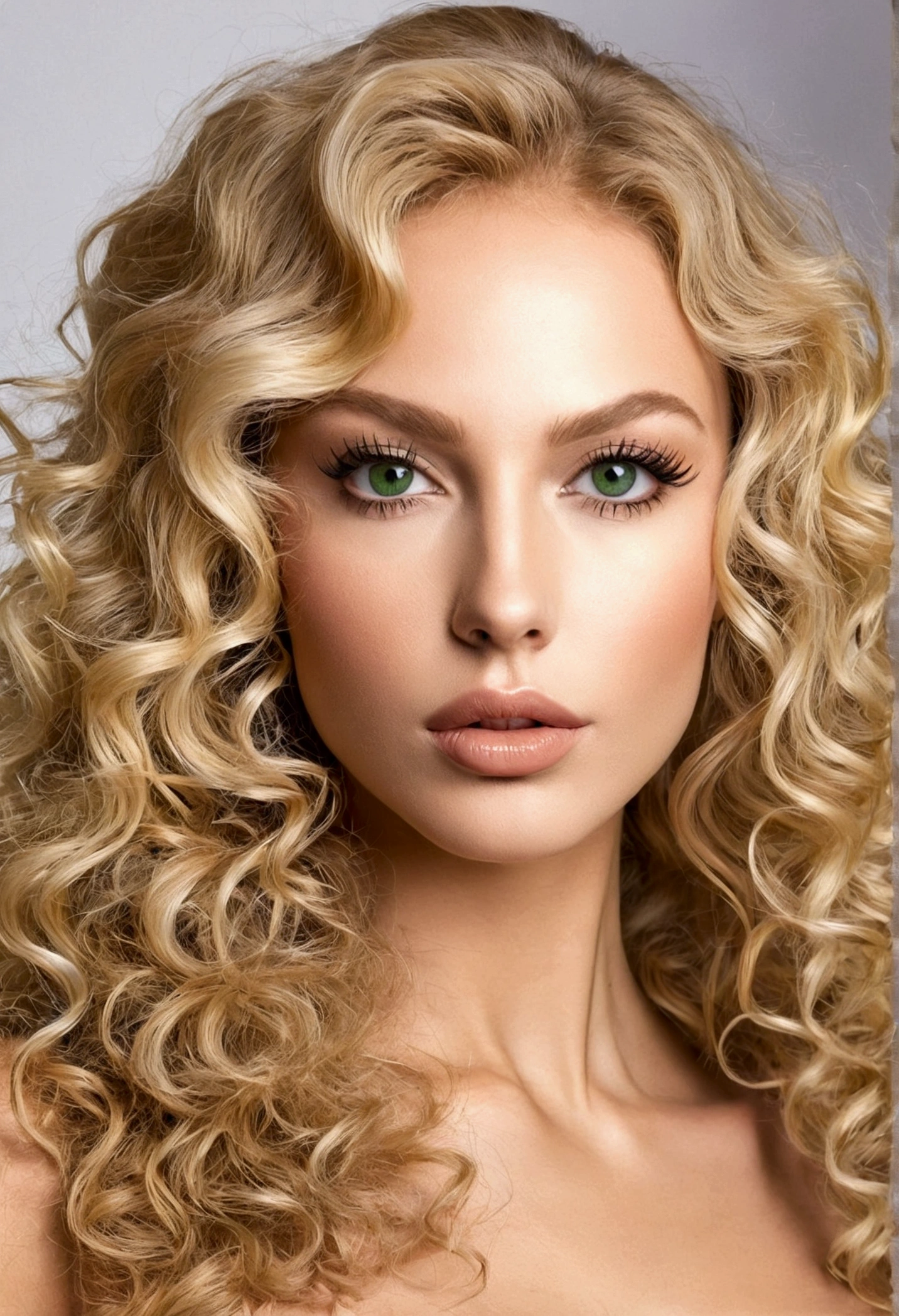 She  a beautiful 2 lady with waist long blond natural curly hair, she has foxy eyes with eye liner and long lashes, green eye color, her nose  thin and beautiful, her lips are full with some nude lipstick