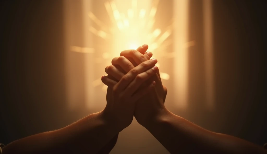 Ultra realistic image of hands standing together in prayer, with a soft light shining from behind, symbolizing the connection with the divine, convey depth