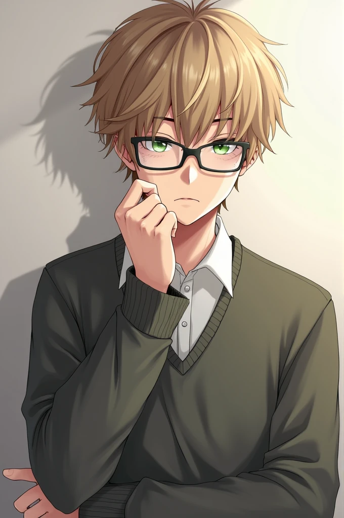 Kazuki has light brown hair, greeneyes, and usually wears glasses. He has a relaxed posture, but it gets serious when it's in action.