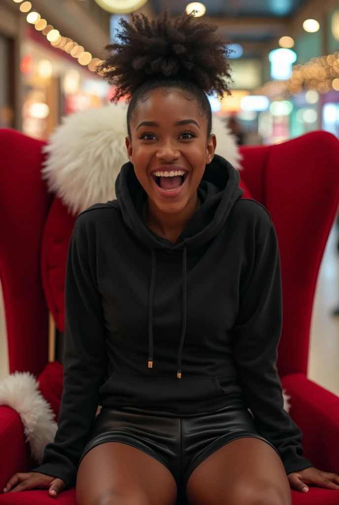 Black woman wearing leather short shorts and black hoodie hair in a bun setting on santas lap in the mall. The look on her face is eyes wide open and excited