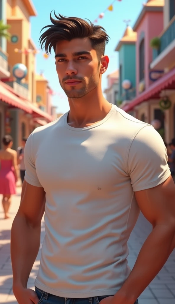 A handsome guy with white t-shirt at a shopping mall, pixar disney style, cinematic, masterpiece, high-aesthetic , portrait