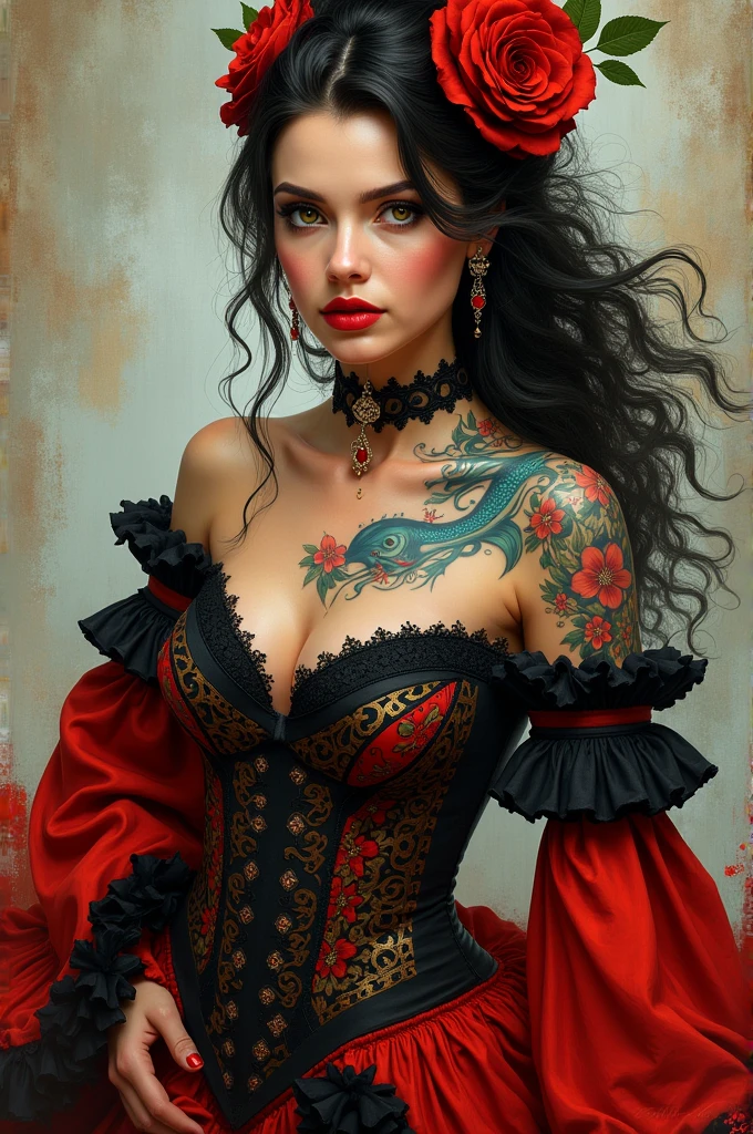 Woman in flamengo outfit with mermaid tattoo