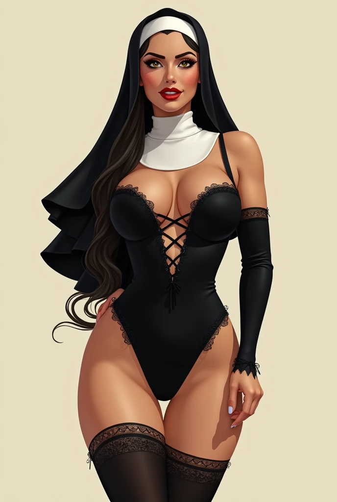 1 girl, milf, dark skin, white hair, white sock, lingerie, nun, Chel eldoradoem