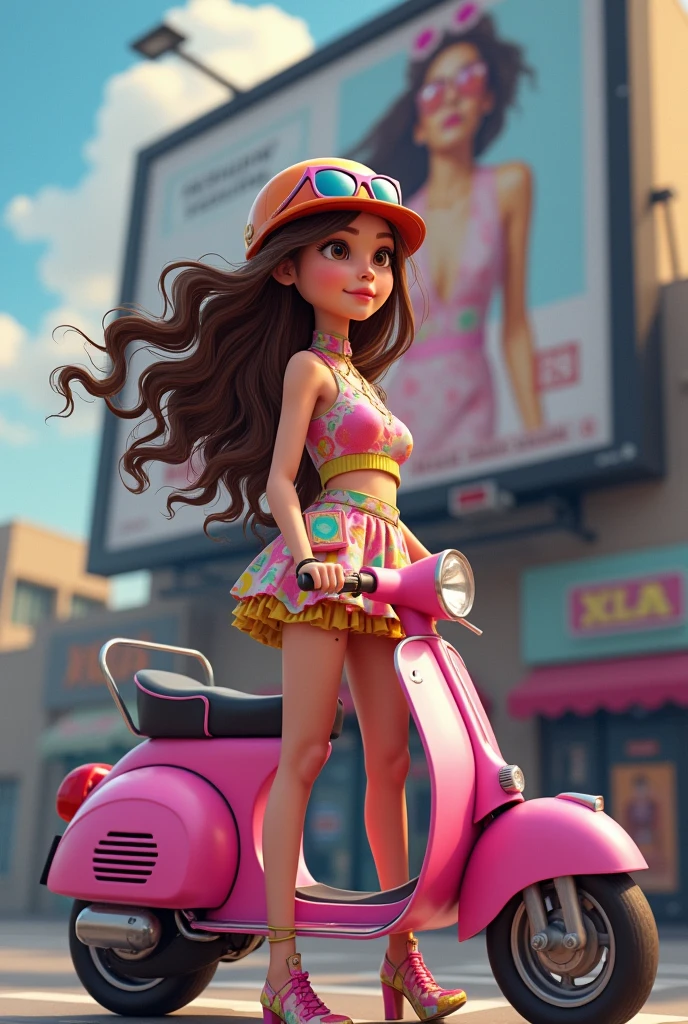 Realistic teenage designer with brown hair wearing a colorful and crazy costume on a pink scooter, standing in front of a billboard with her all-time favorite fashion designer, dreaming of becoming like her..