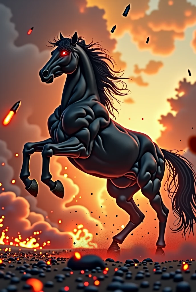 Create an image with a black attacking aggressive powerful draft horse stallion with exaggerated prominent muscles and veins and fiery red eyes, which stands on its hind legs and stretches its front hooves high in the air. black, carbonizing, flames ground in stomps. The background should be a flaming inferno so that you can see the heat. Rockets can be seen in the sky. In the sky is: ENGAGEMENT OPS