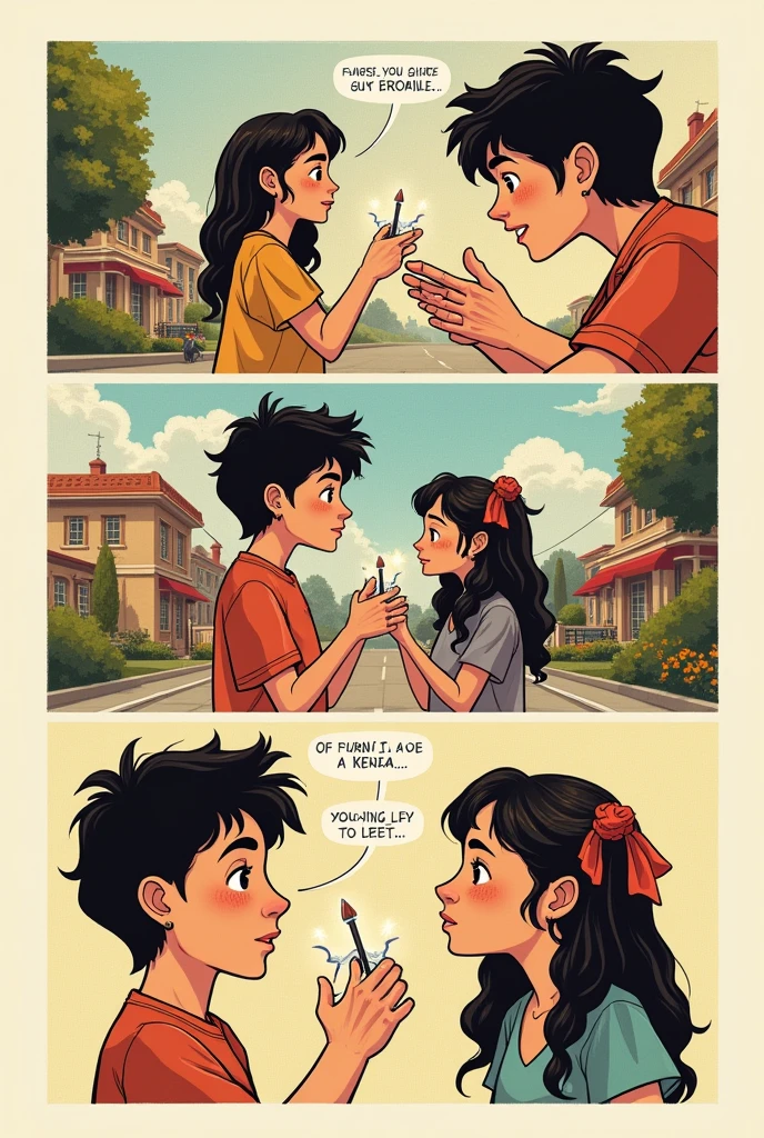 make a comic book in english about a boy named aryan by a girl named xenia then the girl named xenia leaving with another boy
make 6 panels