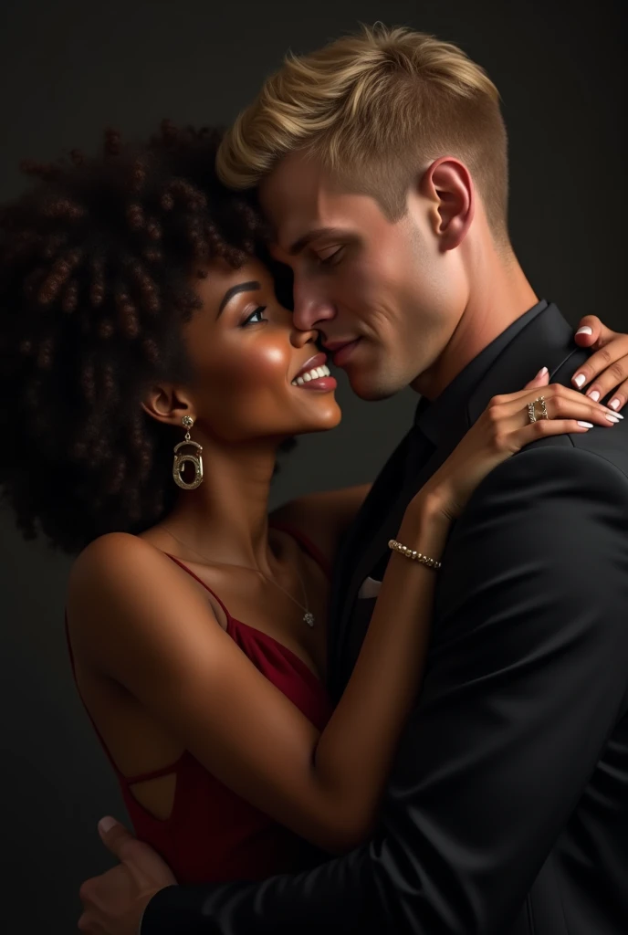  Realistic image of an African American woman with curly Afro hair tenderly hugging a man with blonde hair with blue eyes and muscular body in a black suit , showing love and affection. I imagine the focus would be on conveying the emotional connection between them., with an atmosphere that reinforces the warmth and intimacy of the moment. In a romantic and dark and passionate atmosphere 
