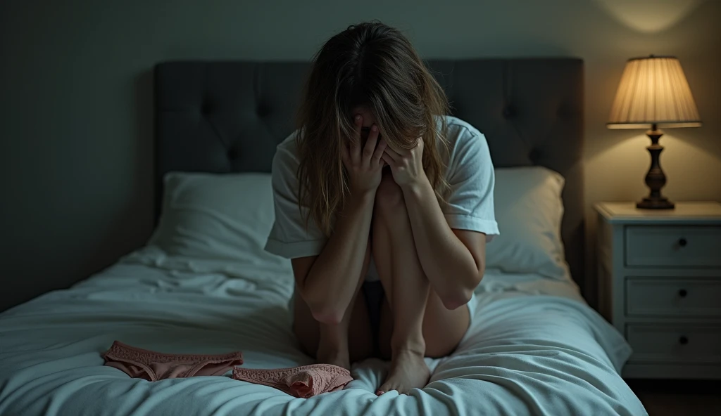 a woman sits on the edge of a bed head in hands, unkempt hair, panties lying on bed next to her