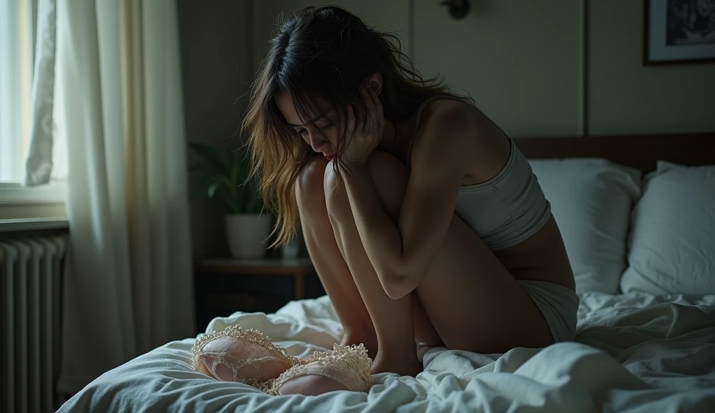 a woman sits on  the edge of a bed head in hands, unkempt hair, panties lying on bed next to her