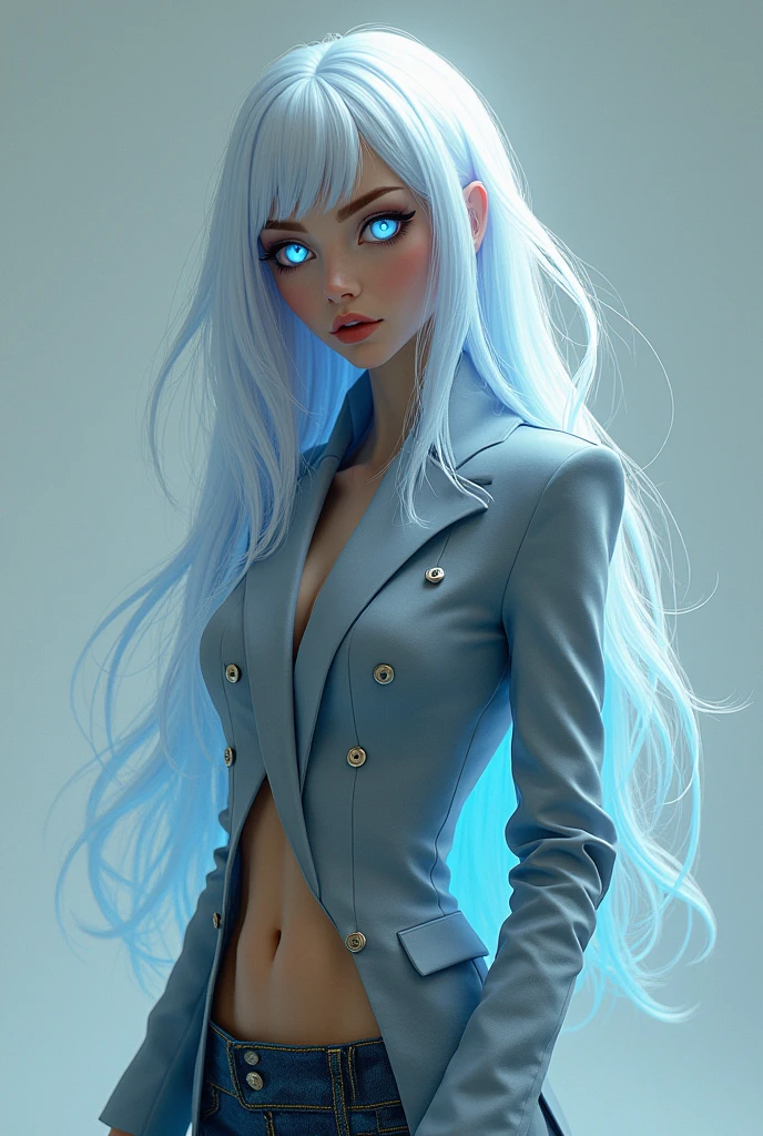 White hair 6,3 blue glowing eyes and is sassy but is not gay and is funny