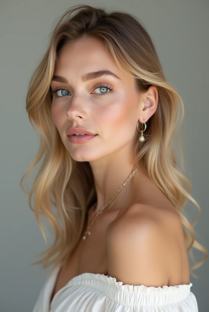 Create a realistic image of a young Swedish woman&#39;s face with a striking and elegant appearance. She is of average height and has a slender body., that reflects your active and healthy lifestyle. Her hair is blonde and wavy, falling in soft waves over her shoulders, and his eyes are a deep blue, that captures light in a mesmerizing way.your face is delicate, with well-defined cheekbones and clear, flawless skin, typical of northeastern Europe Sofia has a. refined style, always combining modern and classic pieces with a neutral and sophisticated color palette. She is known for her attention to detail and natural makeup., that enhances your beauty without overwhelming it. like small earrings and thin necklaces, that complement her look without distracting from the harmonious ensemble she creates. Her presence is always serene and confident., reflecting your love for style and well-being