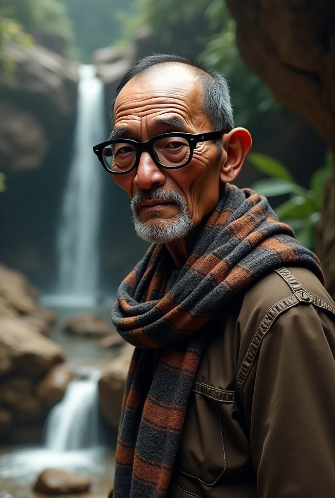 ultra-gloss 3D hyper-realistic, high detailed, image of a skinny 80-year-old Indonesian man with light caramel skin, wrinkles, slightly bald, neatly trimmed face, bad facial skin, standing next to the rocky of streaming, looking at viewers. he has a short-shaven black head, wears black-rimmed oversized glasses and A hatta arabian scarf.
