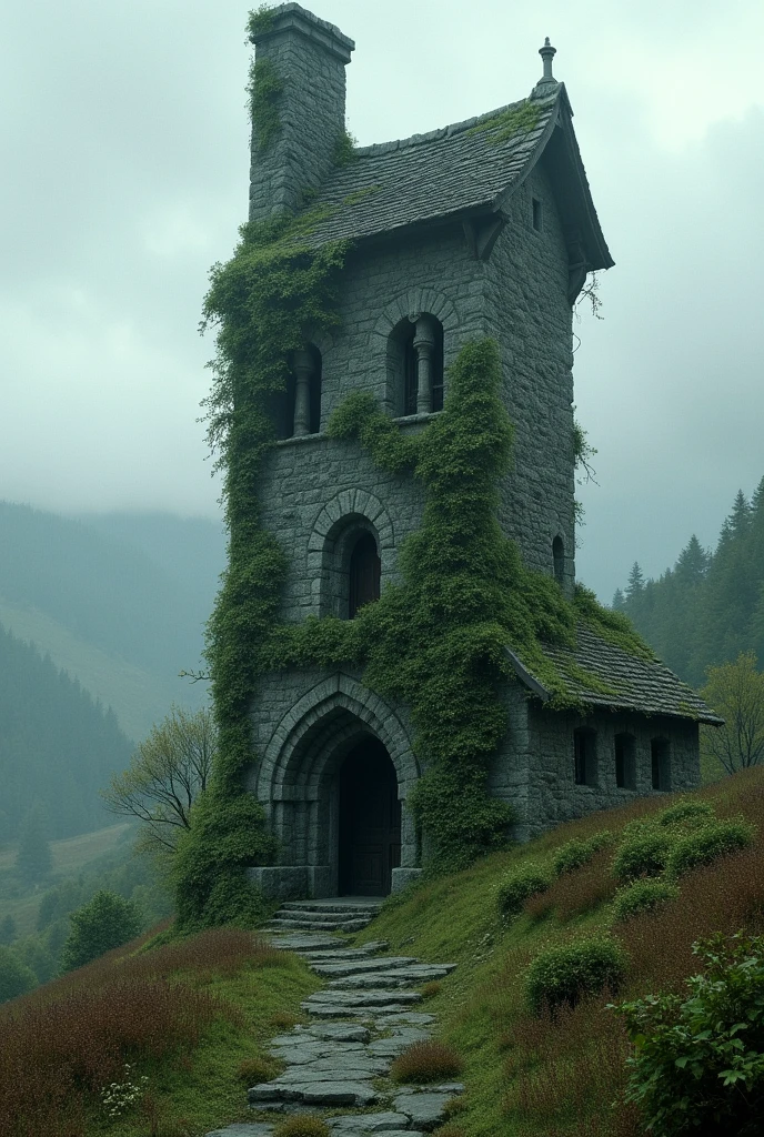 Stone house with a tall, crooked tower, the whole building is covered in ivy and nettles