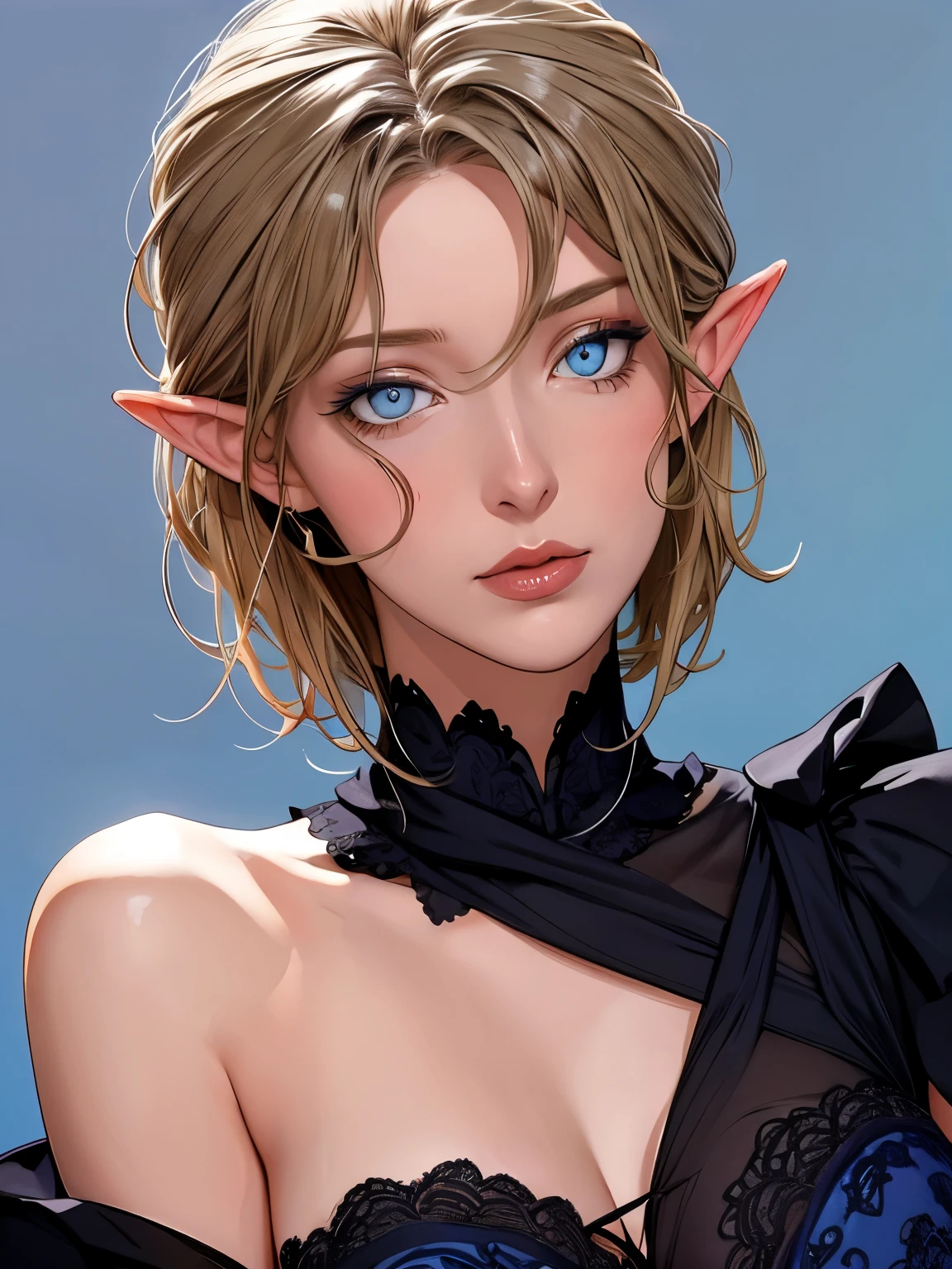  beautiful blond elven woman in her 30s, with blue eyes and striking features, exuding maturity and allure in a seductive pose.(dark-blue background), pointy ears, glowing eyes, beauty, blond medium hair, an14