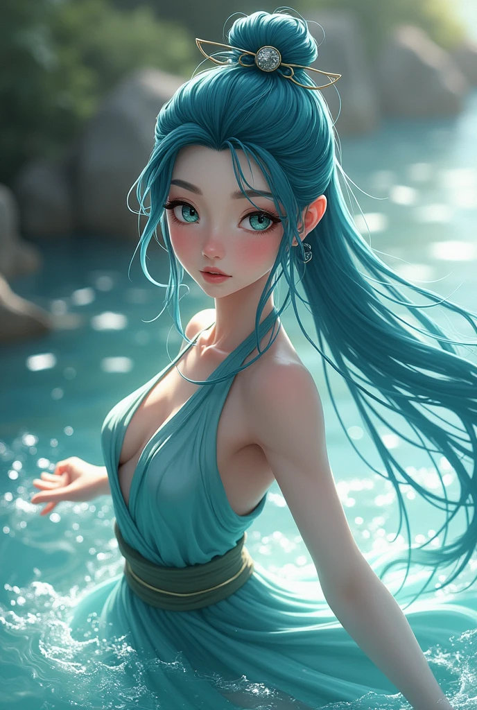 Generate me an girl who has the power of waterbending and is kind and realistic with blue green and gray eyes