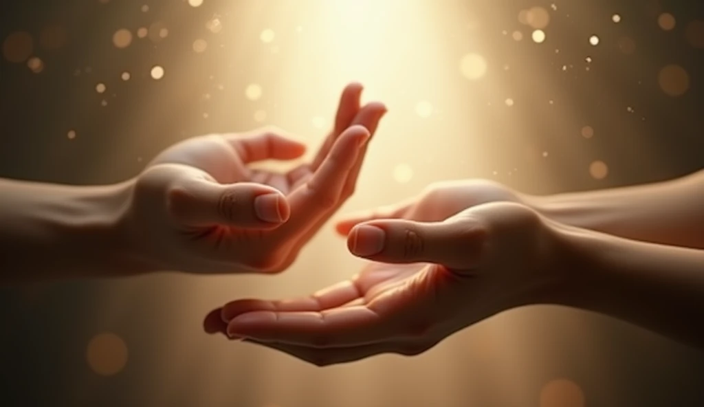 Ultra realistic image of hands touching palms and fingers straight up, united in prayer, with a soft light shining from behind, symbolizing the connection with the divine, convey depth