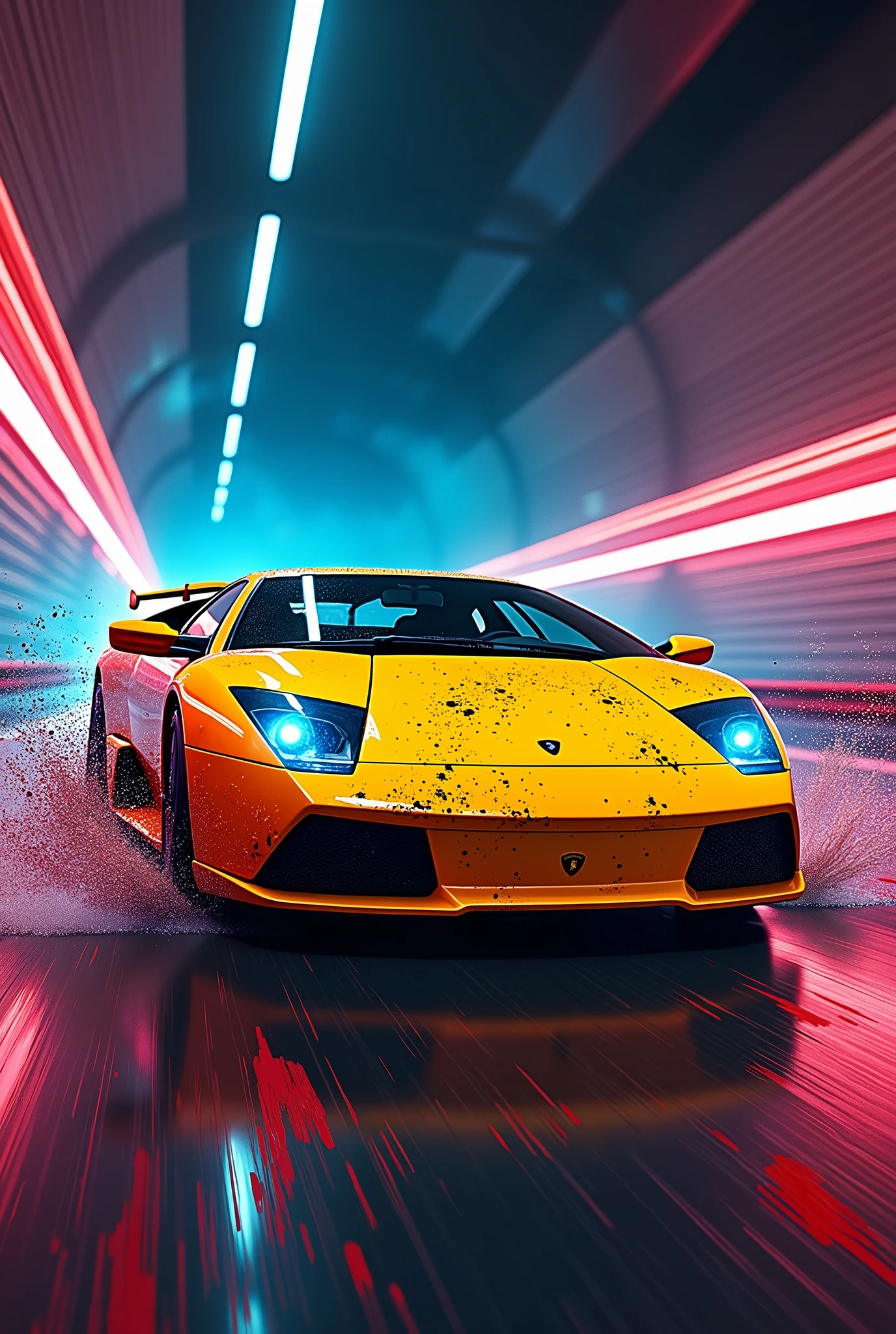 splatter art of a lamborghini murcielago color yellow running in a tunnel at night, speed, motion, neon lights, atey ghailan, alena aemani, jeremy mann --s 50 --style raw, photo, cinematic, vibrant