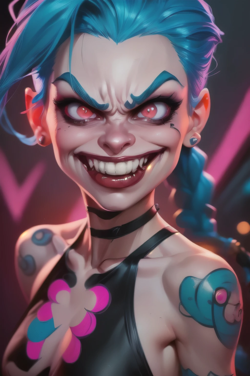 (((Caricature art, comic style, cartoon))). super detailed Jinx cosplay , ((Young girl, )), Very detailed, (hyper realistic: 1.4), in dynamic pose, (((psycho face, evil, creppy smiling))), twin braids, long hair, blue hair, red eyes, tattooed, ((skinny Body)), ((angry face)), arcane style. ((Cinematic neon graffiti on wall,  cinematic lighting)).