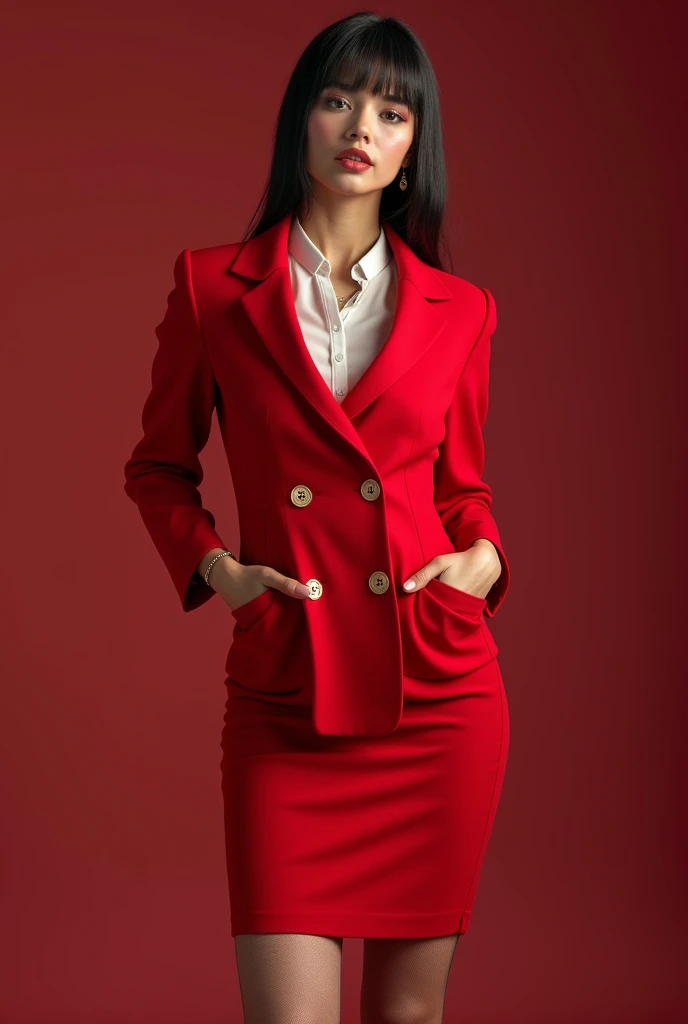 (Best quality, 4K, high resolution, full-body showcase, show full-body, masterpiece:1.2), , (ultra-detailed, photo-realistic:1.37), 1 female, age 24. Known for her provocative style and high sexual desire, Ashley embodies the role of a dynamic and captivating anchorwoman. Her body language is as commanding as her looks, always exuding confidence and sensuality. (((She's wearing a bright red Valentino Garavani Crepe Couture Double-Breasted Jacket that highlights her augmented figure, perfectly embodying the balance between luxury and functionality. The jacket is paired with a white blouse and a matching red pencil skirt))). (((She enhances her look with laced stockings and sky-high Christian Louboutin heels))), carrying her ensemble with an air of unapologetic confidence. Her accessories include a Chanel pendant necklace that rests on her ample cleavage. ((intricate detail)), super finely detailed hands, ultra finely detailed fingers(((ten fingers))), (standing confidently).