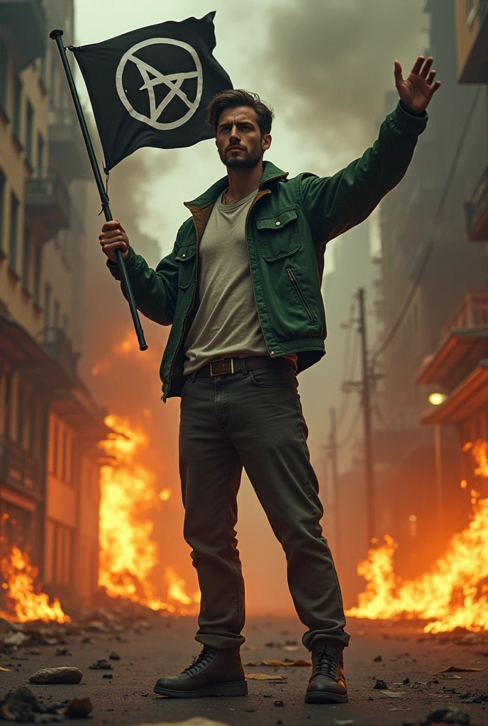 Image of a person, male, rebel, contestant, anarchist and anti-system with his shirt closed, long pants, green jacket . In the background a street on fire. Waving an anarchist flag in his right hand without weapons