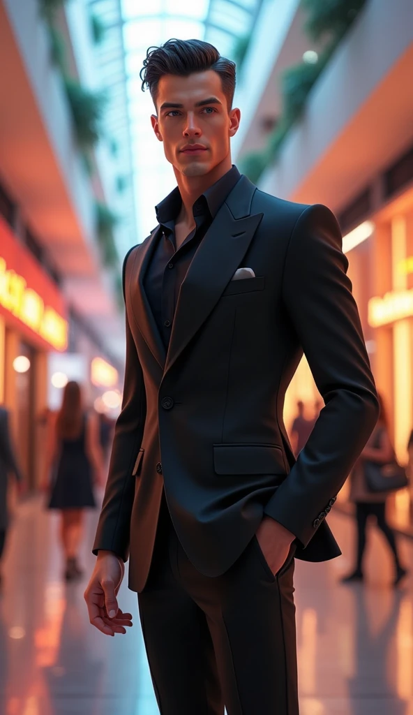 a handsome guy with black suit at a shopping mall, pixar disney style, cinematic, masterpiece, high-aesthetic , portrait
