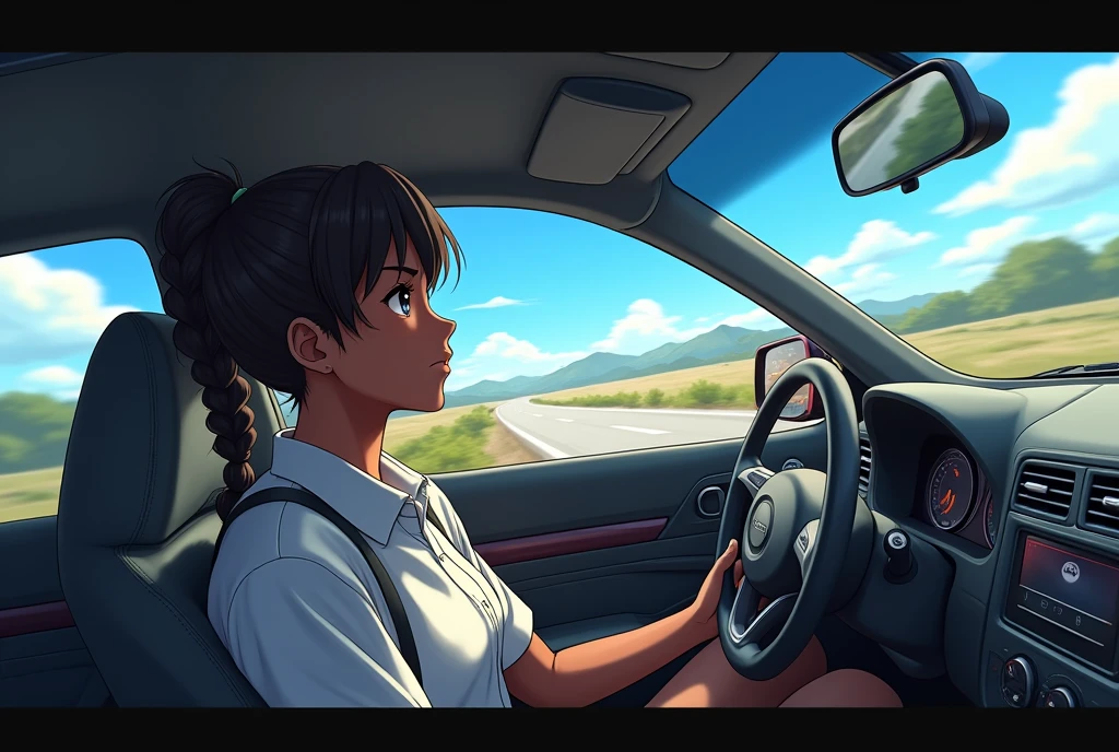 inside of a car with a road on the windshield, with a black male driver with ponytail braided hair and a black female passenger next to him in anime style
