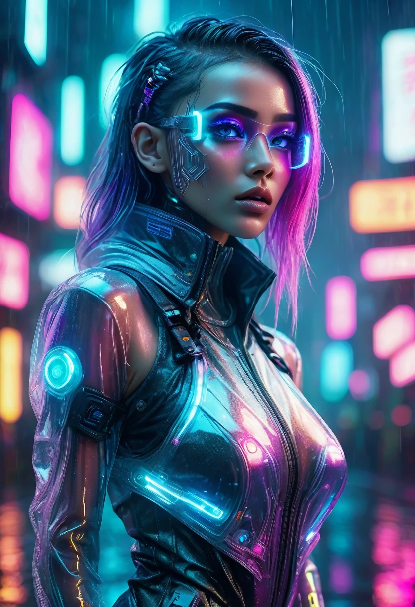 ((translucent clothes)), ((cyberpunk)), full body view, a cyberpunk girl wearing translucent futuristic clothes, beautiful detailed eyes, beautiful detailed lips, extremely detailed face, long eyelashes, cyborg implants, neon lights, rainy city background, cinematic lighting, dramatic atmosphere, vibrant colors, realistic, photorealistic, 8k, high resolution, intricate details, masterpiece