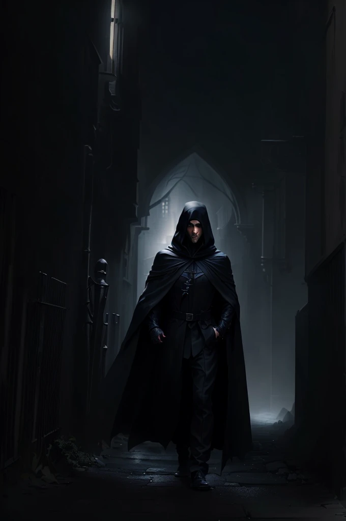 Arafed man in a black cloak and hood walking down a dark alley, He is passing through a gloomy city, mysterious man, wearing black clothes and cape, Black cloak hidden in the shadows, wearing a black cape, dressed in a black cloak, wearing a black cape, Dark night shrouded, hooded and cloaked sith lord, gothic hooded dark cloak