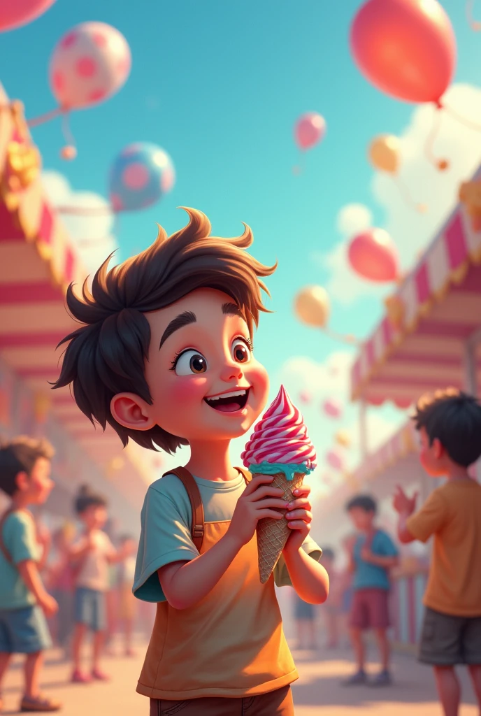 A boy eating ice cream in an amusement park with balloons and human mascots