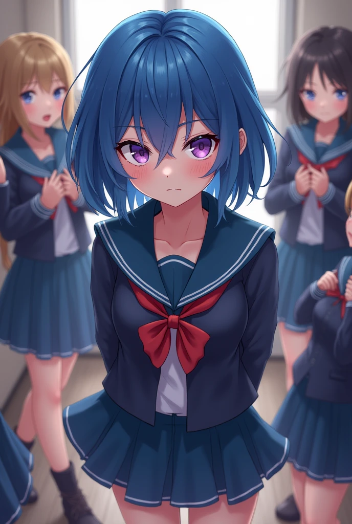 School uniform, short skirt with bow, very envious, surrounded by flattering classmates, very conceited, young, 2, distrustful, who cannot bear having what is hers taken away, unbearable stalker, blue hair, violet eyes, very competitive.