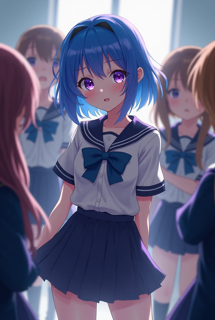 School uniform, short skirt with bow, very envious, surrounded by flattering classmates, very conceited, young, 2, distrustful, who cannot bear having what is hers taken away, unbearable stalker, blue hair, violet eyes, very competitive.    
