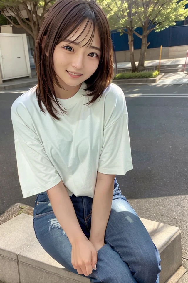(skin blemish:0.8), (skindentation), black eye, 1woman, 25yo, (((woman))), solo, realistic, best quality, photorealistic, masterpiece, 8k, high res, solo, extremely detailed face, (professional lighting, bokeh), (light particles, lens flare, glowing particles:0.6), (dynamic pose:0.8), soft lighting, top angle view, fashionable and trendy atmosphere, Japan, tokyo, playground, street, city, shop, river, ((daytime)), sky, ((looking at the viewer:1)), (looking at the camera),(portrait:0.6), cowboy shot, gorgeous, sitting, hands down, keep original facial proportion, wide shoulder, full body, (medium breast), (long hair), brown hair, floating hair, lips, lipstick, seductive smile, floating hair, smile, open_mouth, teeth, T-shirt, round neck T shirt, shorts, jeans, eyelashes, mole, (mole under eye:1),   