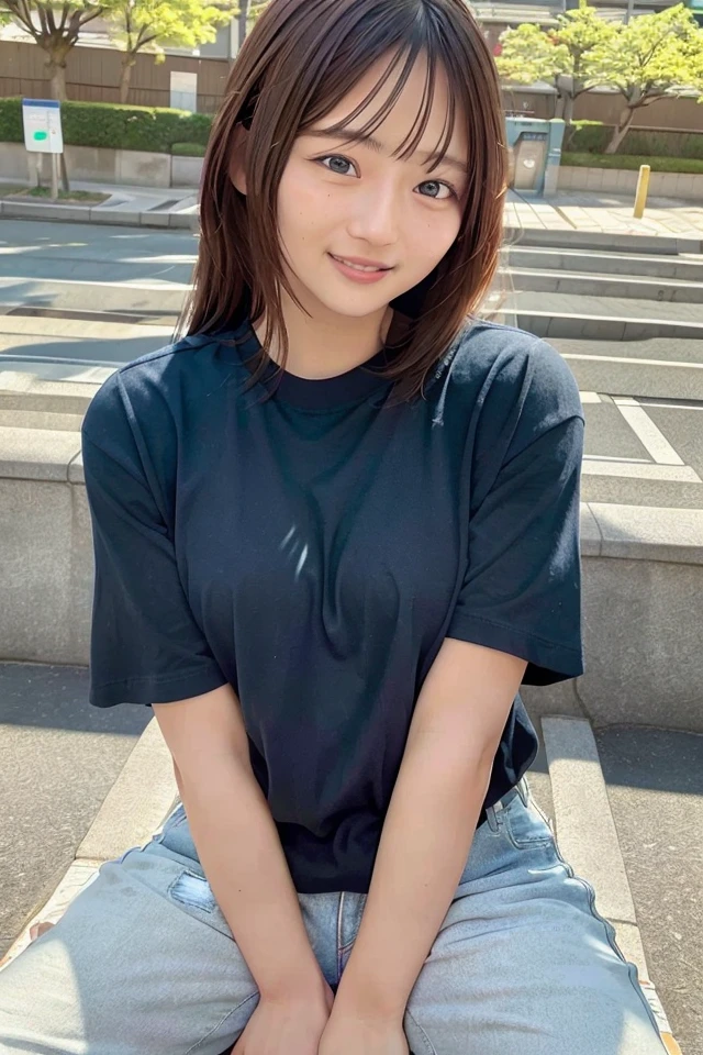 (skin blemish:0.8), (skindentation), black eye, 1woman, 25yo, (((woman))), solo, realistic, best quality, photorealistic, masterpiece, 8k, high res, solo, extremely detailed face, (professional lighting, bokeh), (light particles, lens flare, glowing particles:0.6), (dynamic pose:0.8), soft lighting, top angle view, fashionable and trendy atmosphere, Japan, tokyo, playground, street, city, shop, river, ((daytime)), sky, ((looking at the viewer:1)), (looking at the camera),(portrait:0.6), cowboy shot, gorgeous, sitting, hands down, keep original facial proportion, wide shoulder, full body, (medium breast), (long hair), brown hair, floating hair, lips, lipstick, seductive smile, floating hair, smile, open_mouth, teeth, T-shirt, round neck T shirt, shorts, jeans, eyelashes, mole, (mole under eye:1),