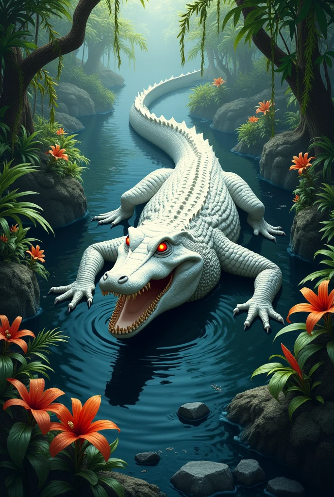 vibrant jungle, dark waters, dangerous white crocodile