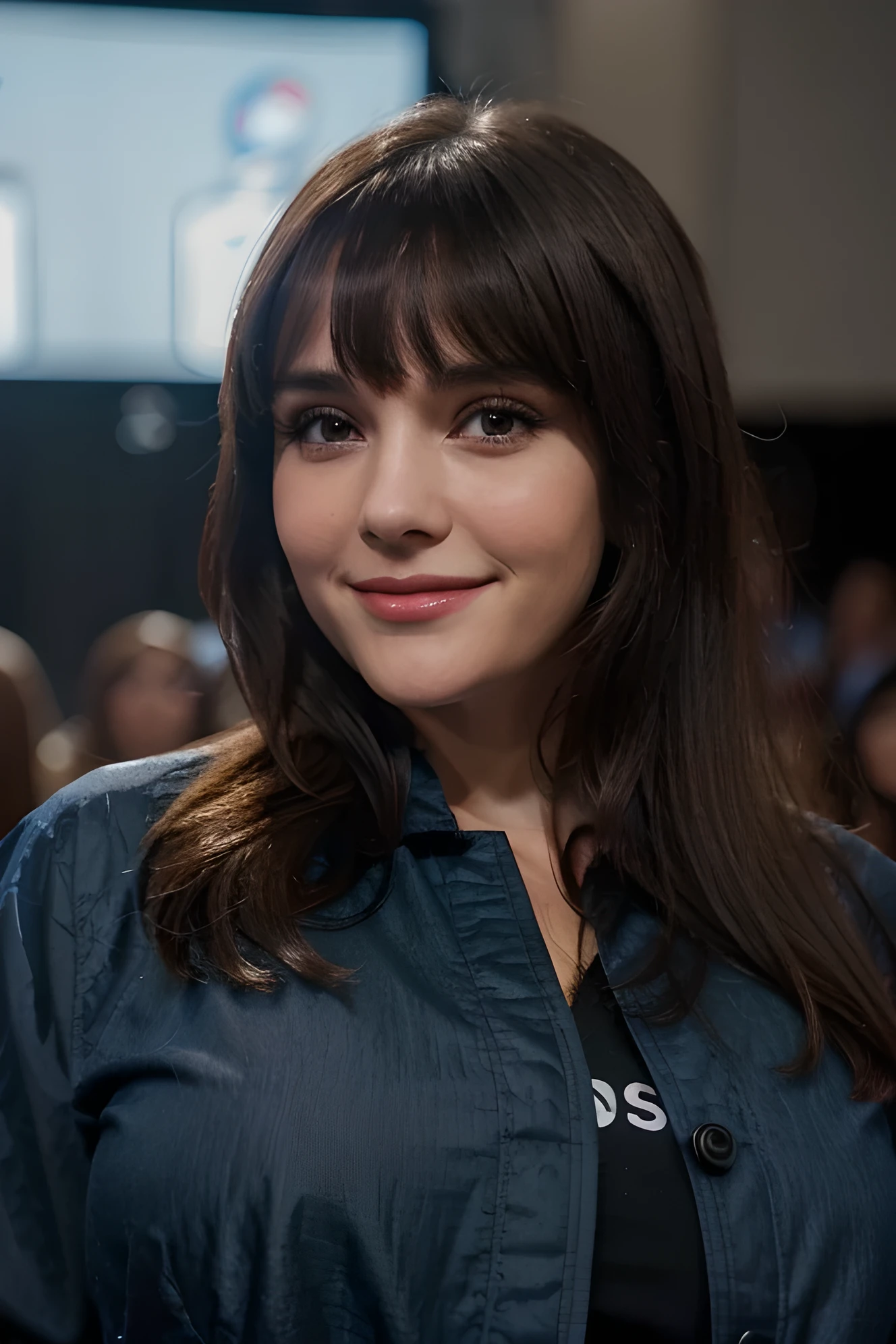 Woman, about 3, brunette hair, black, white, eyes slightly drawn, wide smile, bangs, holding a microphone, audience in the background, close-up, voluptuous, black shirt, blue jacket
