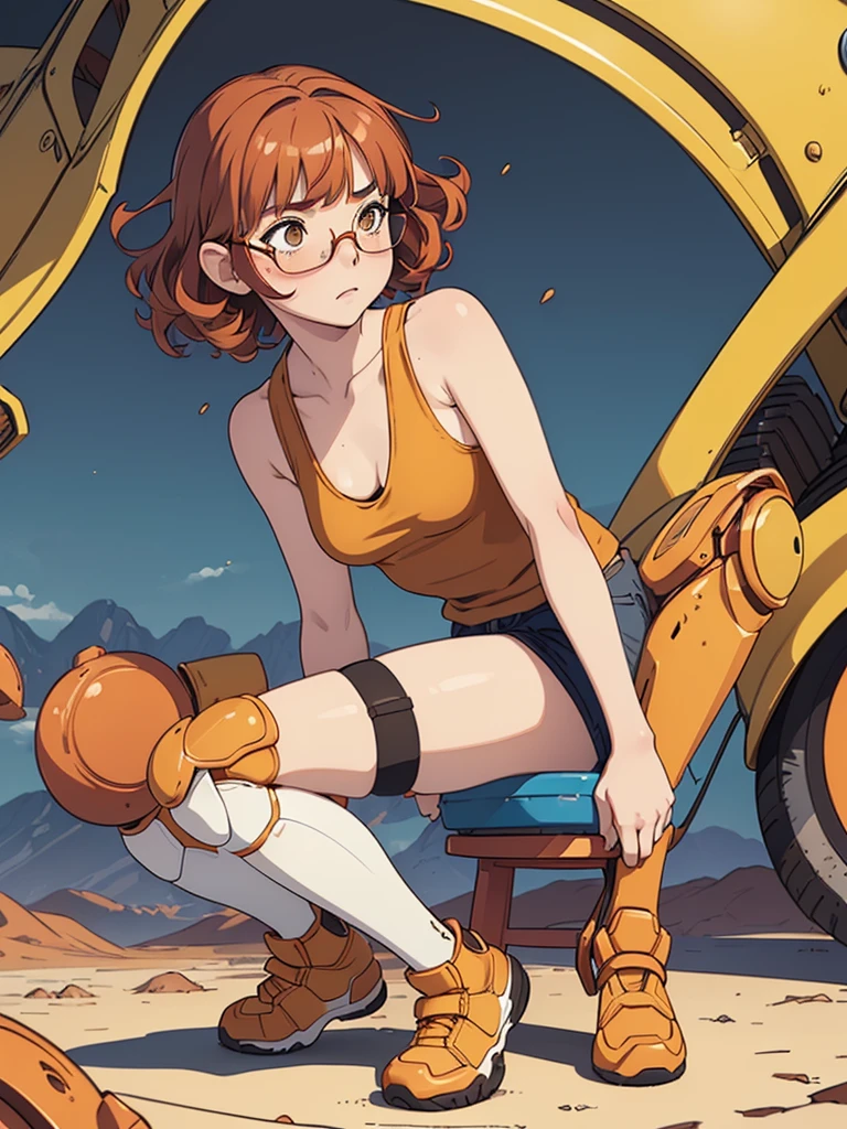 (masterpiece), (best quality), ((one girl)), ((alone)),copper red hair,(brown eyes),short hair, (curly hair),((side parted hair bangs)),anime style, freckles, (small breasts), (petite figure), (blue tank top),((knee pads)),legs, (desert background)), ((yellow circle glasses)) 