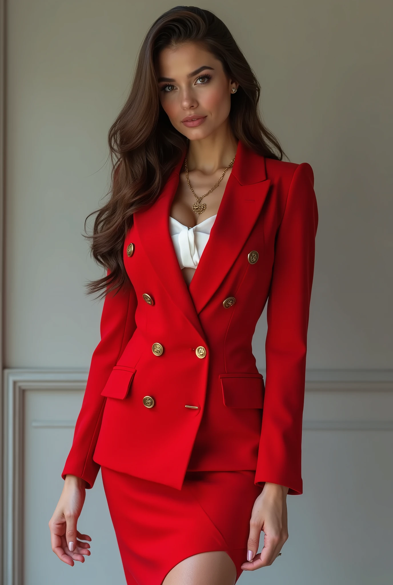 (Best quality, 4K, high resolution, full-body showcase, show full-body, masterpiece:1.2), , (ultra-detailed, photo-realistic:1.37), 1 female, age 24. Known for her provocative style and high sexual desire, Ashley embodies the role of a dynamic and captivating anchorwoman. Her body language is as commanding as her looks, always exuding confidence and sensuality. (((She's wearing a bright red Valentino Garavani Crepe Couture Double-Breasted Jacket that highlights her augmented figure, perfectly embodying the balance between luxury and functionality. The jacket is paired with a white blouse and a matching red pencil skirt))). (((She enhances her look with laced stockings and sky-high Christian Louboutin heels))), carrying her ensemble with an air of unapologetic confidence. Her accessories include a Chanel pendant necklace that rests on her ample cleavage. ((intricate detail)), super finely detailed hands, ultra finely detailed fingers(((ten fingers))), (standing confidently).