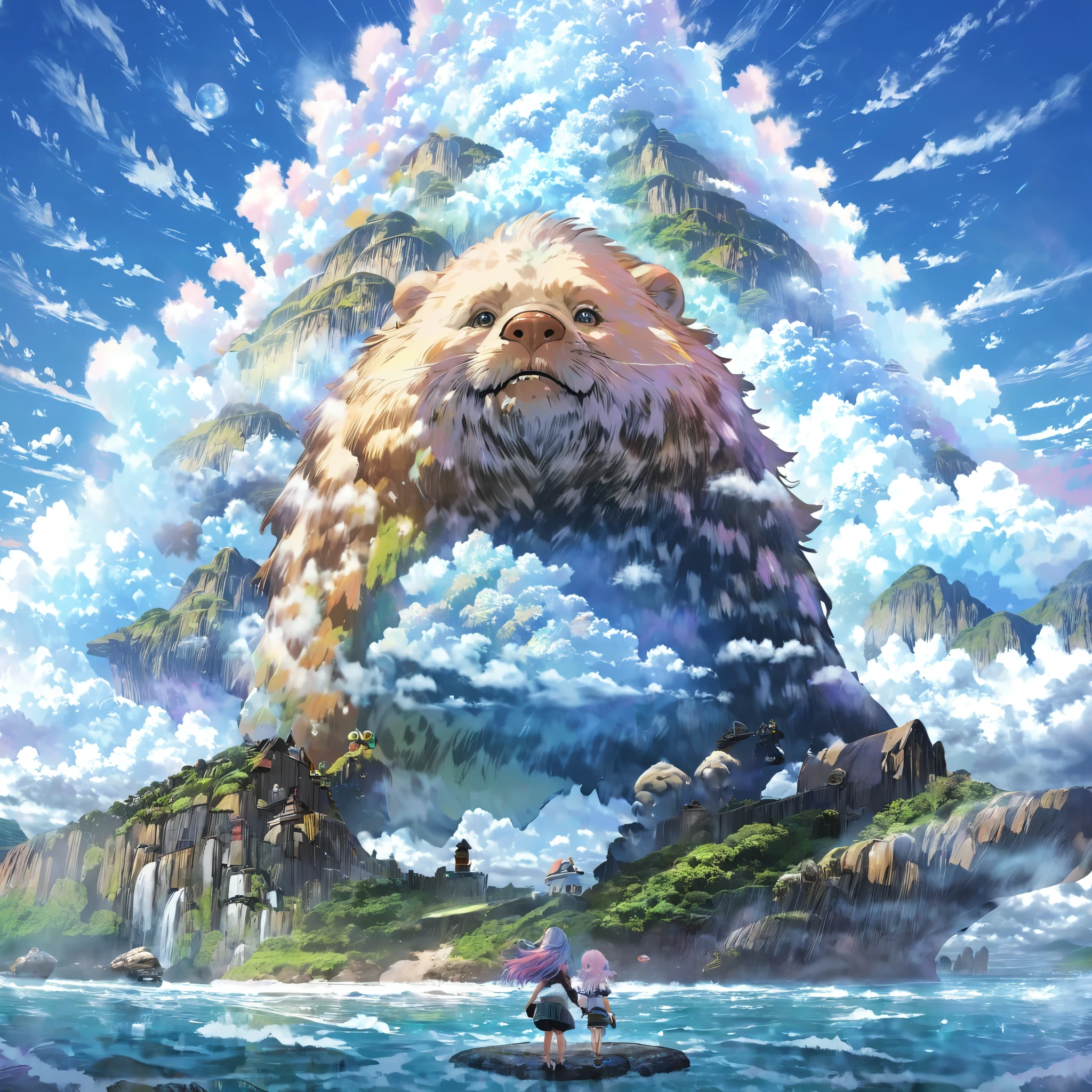 Giant creature, fantasy worldview, fictional giant character of adorable animal in, pastel-colored hair creature, fluffy, fluffy, round eyes, from below, girl at feet of giant creature, island in clouds, (Masterpiece), (Best Quality), (Ultra high Detailes), intricate details, intricate detail texture