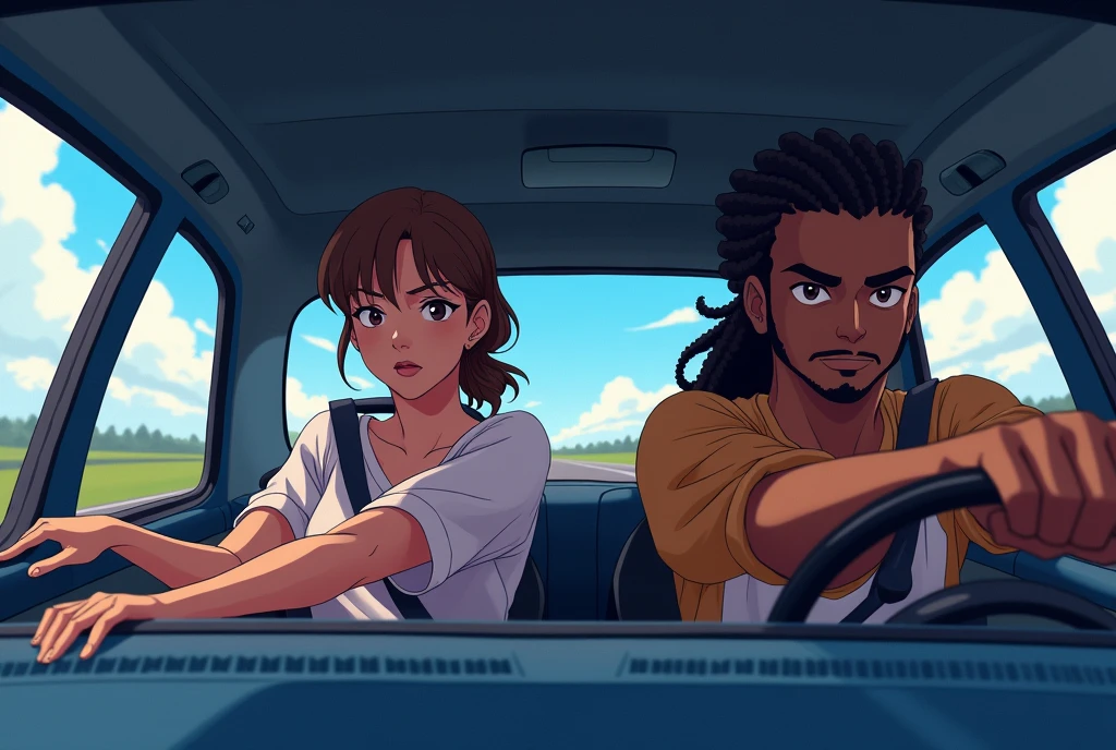 inside of a car with a road on the windshield, with a black male driver with ponytail braided hair and a black female passenger next to him in anime style