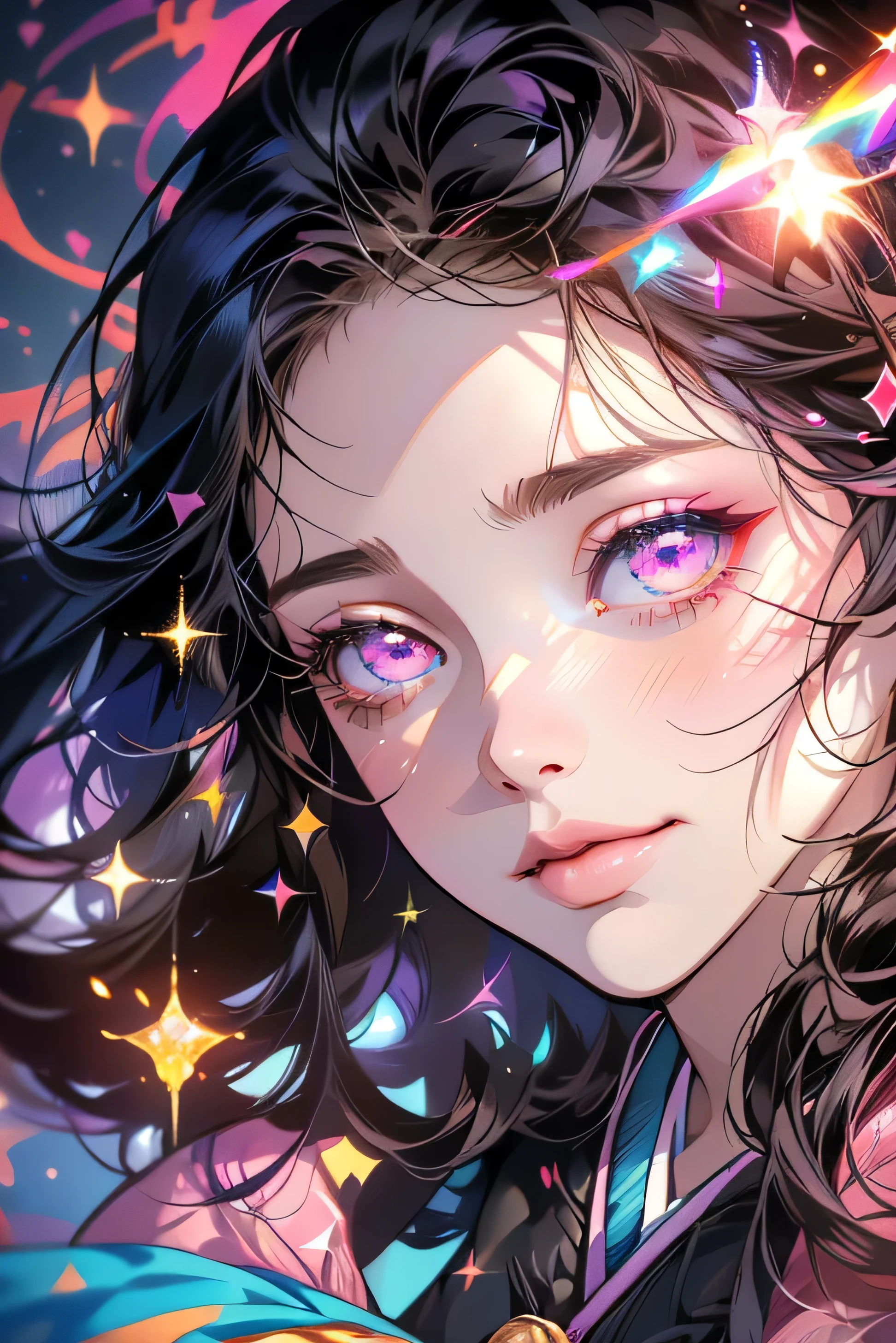 Nezuko from demon slayer. a young woman with long dark hair, (pink eyes), beautiful detailed eyes, beautiful detailed lips, extremely detailed face, longeyelashes, wearing a pink kimono, (best quality,4k,8k,highres,masterpiece:1.2),ultra-detailed,(realistic,photorealistic,photo-realistic:1.37),digital painting,exquisite detail,intricate details,highly detailed,vivid colors,warm lighting,cinematic lighting,dramatic lighting, iridescence, dramatic angle, space, (floating colorful sparkles:1.3), Dramatic Lighting, Chiaroscuro, Evocative Depth, Face Portrait, Close up, Underwater effect, 
