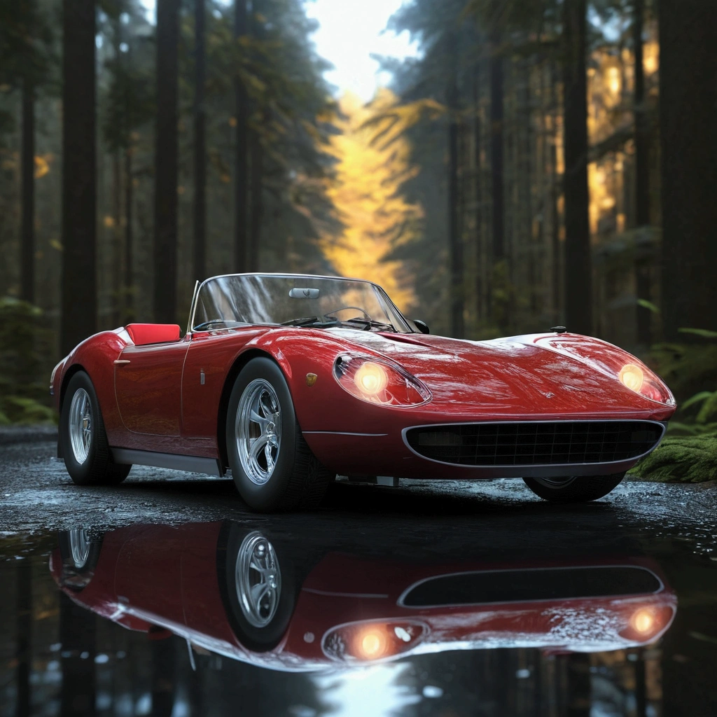 arafed red sports car parked in a forest with its hood up, adventure hyper realistic render, hyper realistic render, high quality 3d render, high quality 3 d render, hyper realistic 3 d render, very realistic 3 d render, hyper realistic detailed render, 3 d hyper realistic render, photorealistic cinematic render, photo realistic render, hyper real render