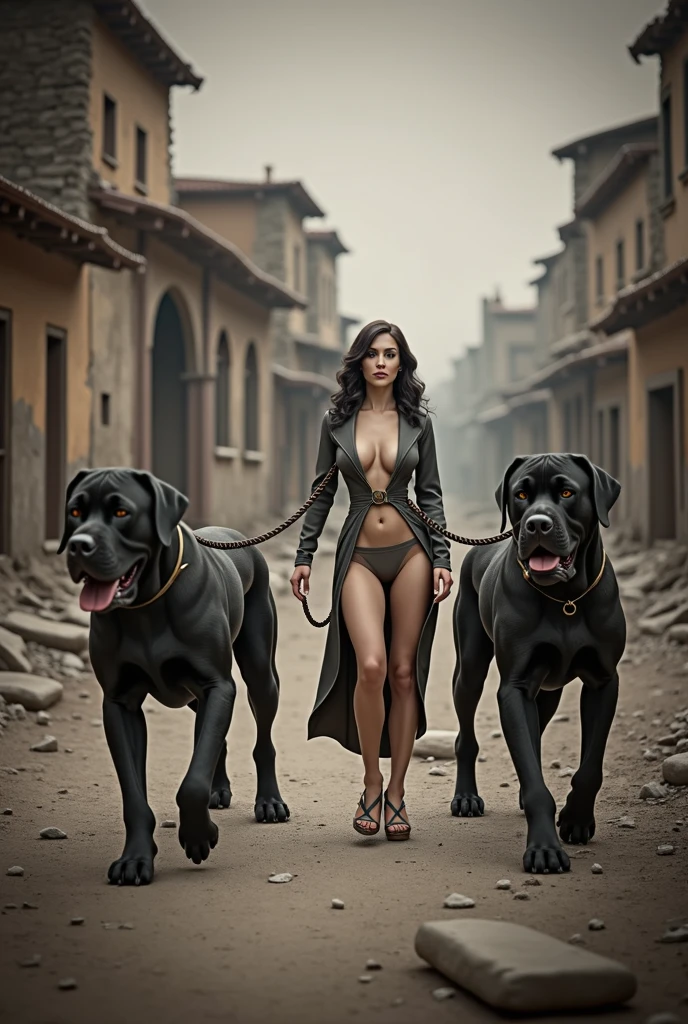 A 3D render of a vintage scene with a sexy, sensual woman confidently walking her two massive, black Mastiffs on chains. She is dressed in a vintage outfit and exudes an enigmatic charm. The dogs have distinct expressions and walk obediently beside her. The background reveals a desolate village with crumbling buildings. The overall atmosphere is eerie and surreal, with a vintage film grain effect.